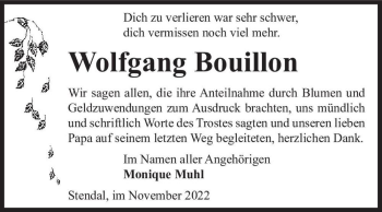 Traueranzeige von Wolfgang Bouillon  von Magdeburger Volksstimme