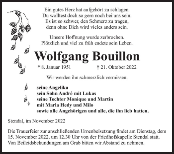 Traueranzeige von Wolfgang Bouillon  von Magdeburger Volksstimme