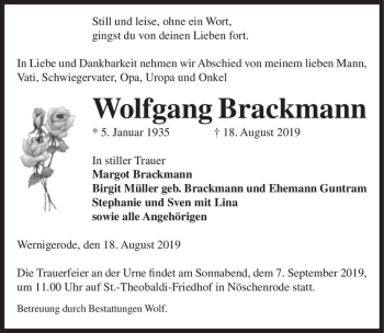 Traueranzeige von Wolfgang Brackmann  von Magdeburger Volksstimme