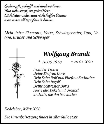 Traueranzeige von Wolfgang Brandt  von Magdeburger Volksstimme