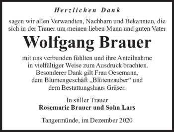 Traueranzeige von Wolfgang Brauer  von Magdeburger Volksstimme