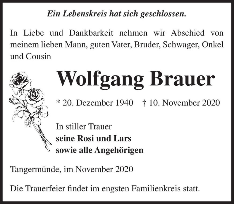  Traueranzeige für Wolfgang Brauer  vom 14.11.2020 aus Magdeburger Volksstimme