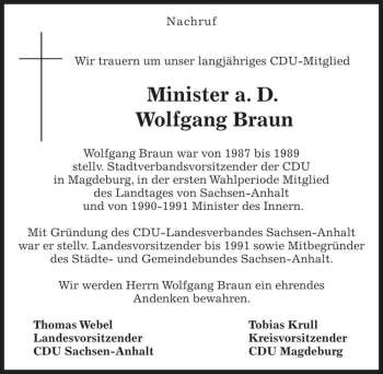 Traueranzeige von Wolfgang Braun  von Magdeburger Volksstimme