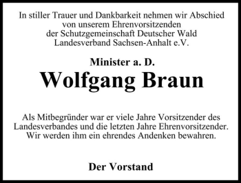 Traueranzeige von Wolfgang Braun  von Magdeburger Volksstimme