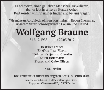 Traueranzeige von Wolfgang Braune  von Magdeburger Volksstimme