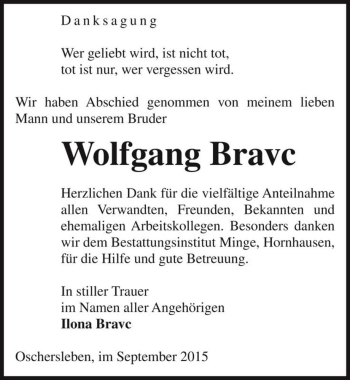 Traueranzeige von Wolfgang Bravc  von Magdeburger Volksstimme