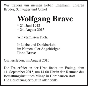 Traueranzeige von Wolfgang Bravc  von Magdeburger Volksstimme