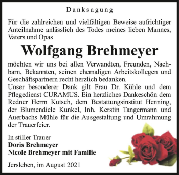 Traueranzeige von Wolfgang Brehmeyer  von Magdeburger Volksstimme