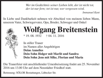 Traueranzeige von Wolfgang Breitenstein  von Magdeburger Volksstimme