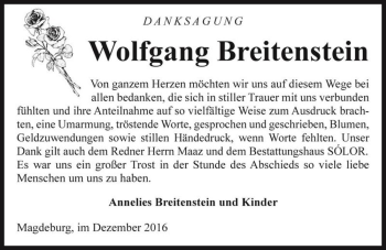 Traueranzeige von Wolfgang Breitenstein  von Magdeburger Volksstimme