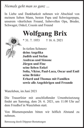 Traueranzeige von Wolfgang Brix  von Magdeburger Volksstimme