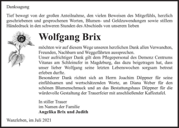 Traueranzeige von Wolfgang Brix  von Magdeburger Volksstimme