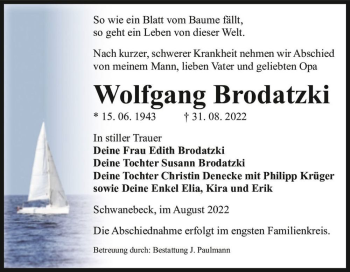 Traueranzeige von Wolfgang Brodatzki  von Magdeburger Volksstimme