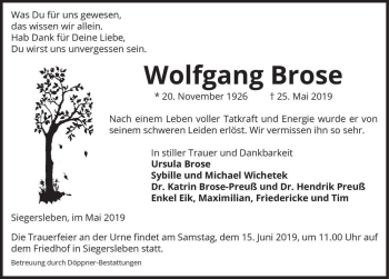Traueranzeige von Wolfgang Brose  von Magdeburger Volksstimme