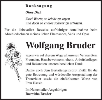 Traueranzeige von Wolfgang Bruder  von Magdeburger Volksstimme