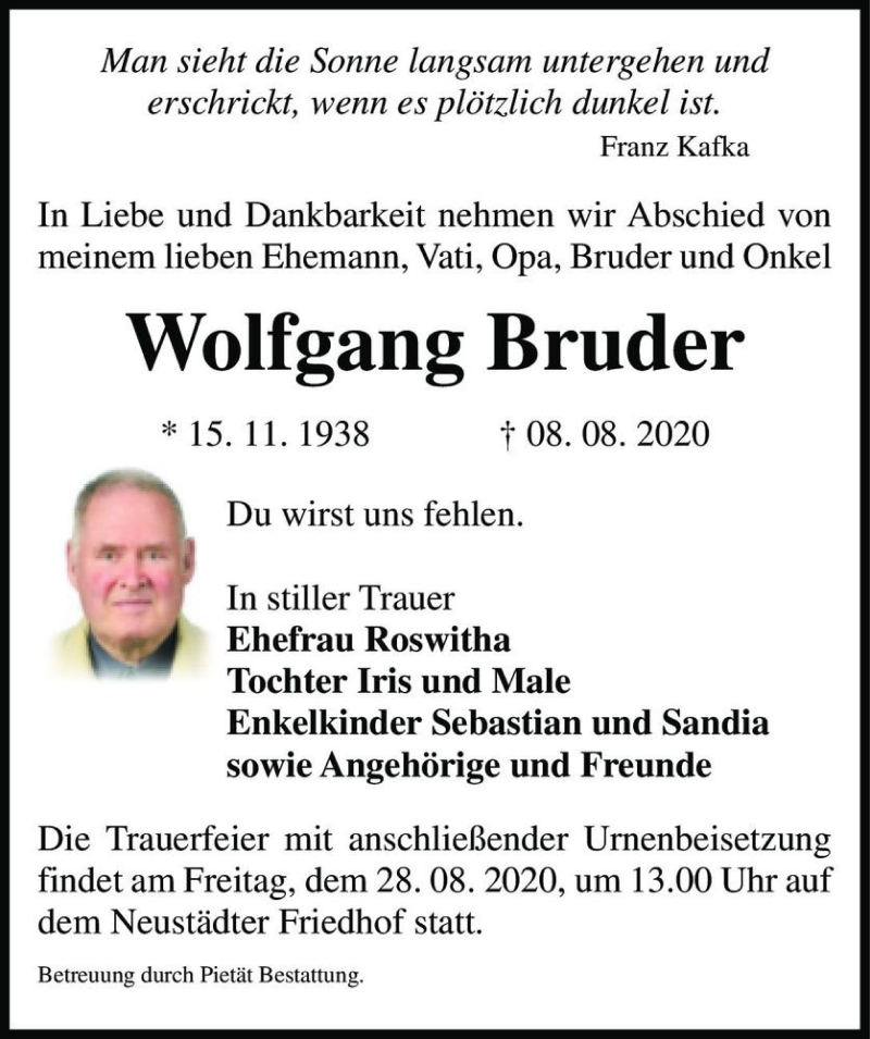  Traueranzeige für Wolfgang Bruder  vom 22.08.2020 aus Magdeburger Volksstimme