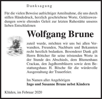 Traueranzeige von Wolfgang Brune  von Magdeburger Volksstimme