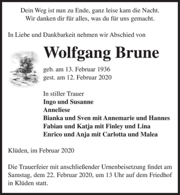 Traueranzeige von Wolfgang Brune  von Magdeburger Volksstimme