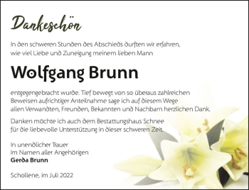 Traueranzeige von Wolfgang Brunn  von Magdeburger Volksstimme