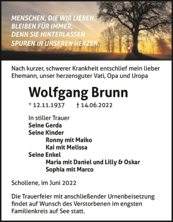 Traueranzeige von Wolfgang Brunn  von Magdeburger Volksstimme