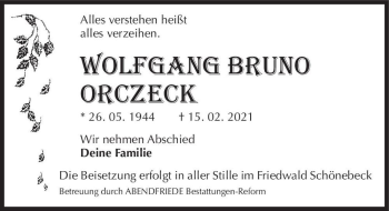 Traueranzeige von Wolfgang Bruno Orczeck  von Magdeburger Volksstimme