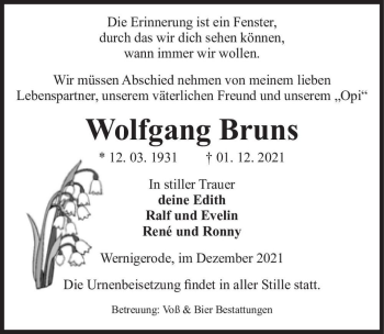 Traueranzeige von Wolfgang Bruns  von Magdeburger Volksstimme