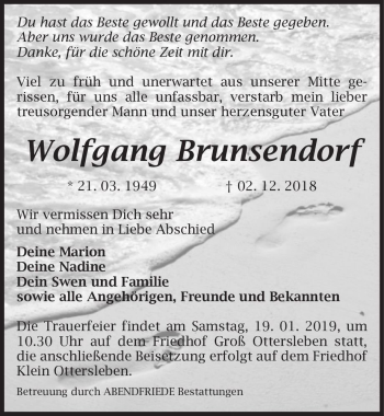 Traueranzeige von Wolfgang Brunsendorf  von Magdeburger Volksstimme