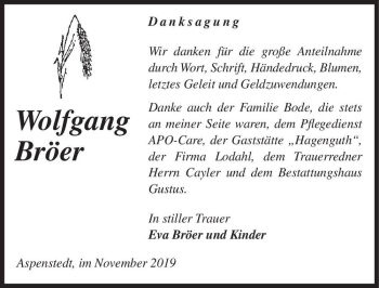 Traueranzeige von Wolfgang Bröer  von Magdeburger Volksstimme