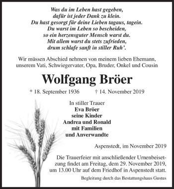 Traueranzeige von Wolfgang Bröer  von Magdeburger Volksstimme
