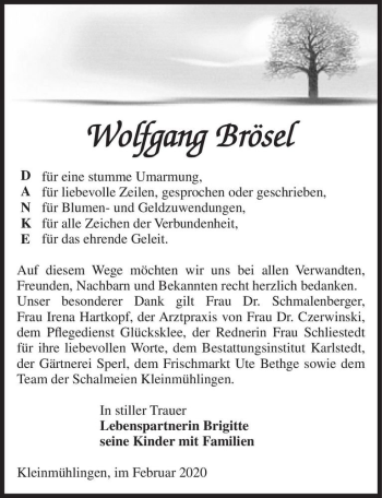 Traueranzeige von Wolfgang Brösel  von Magdeburger Volksstimme