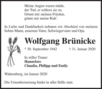 Traueranzeige von Wolfgang Brünicke  von Magdeburger Volksstimme