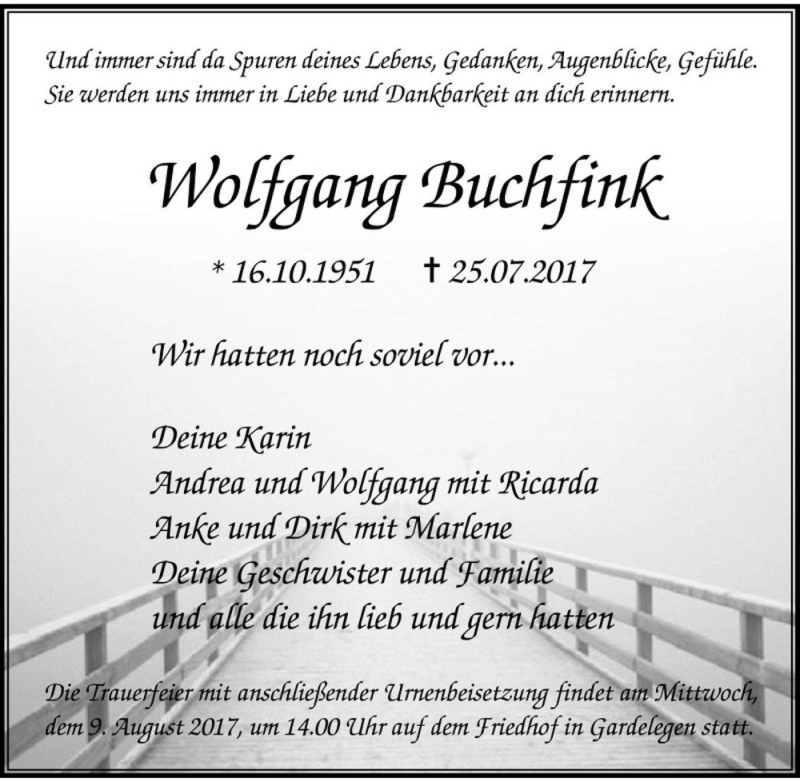  Traueranzeige für Wolfgang Buchfink  vom 29.07.2017 aus Magdeburger Volksstimme
