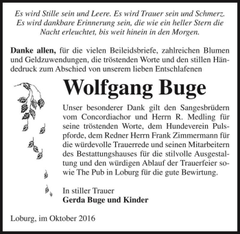 Traueranzeige von Wolfgang Buge  von Magdeburger Volksstimme