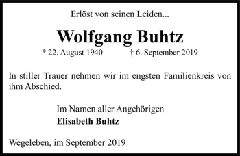 Traueranzeige von Wolfgang Buhtz  von Magdeburger Volksstimme