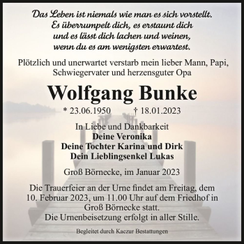 Traueranzeige von Wolfgang Bunke  von Magdeburger Volksstimme