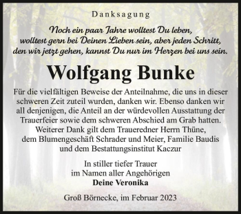 Traueranzeige von Wolfgang Bunke  von Magdeburger Volksstimme