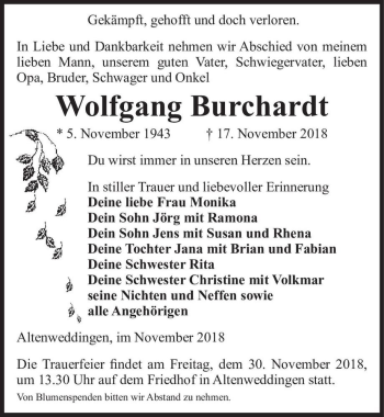 Traueranzeige von Wolfgang Burchardt  von Magdeburger Volksstimme