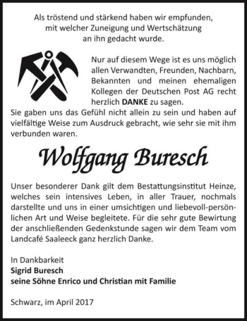 Traueranzeige von Wolfgang Buresch  von Magdeburger Volksstimme