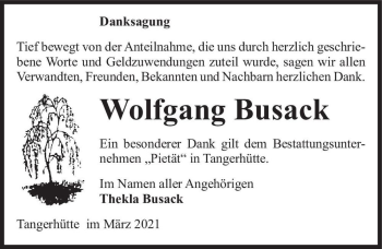 Traueranzeige von Wolfgang Busack  von Magdeburger Volksstimme