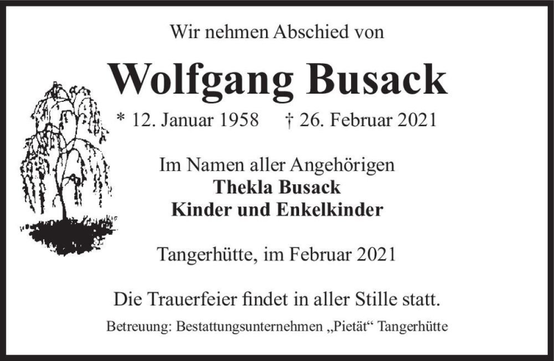 Traueranzeige für Wolfgang Busack  vom 11.03.2021 aus Magdeburger Volksstimme