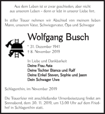 Traueranzeige von Wolfgang Busch  von Magdeburger Volksstimme