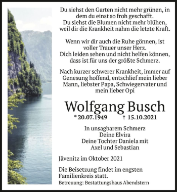 Traueranzeige von Wolfgang Busch  von Magdeburger Volksstimme