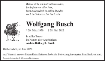 Traueranzeige von Wolfgang Busch  von Magdeburger Volksstimme