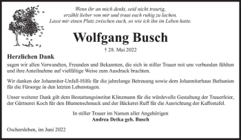 Traueranzeige von Wolfgang Busch  von Magdeburger Volksstimme