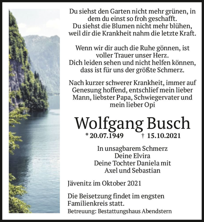  Traueranzeige für Wolfgang Busch  vom 23.10.2021 aus Magdeburger Volksstimme