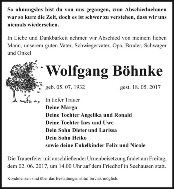 Traueranzeige von Wolfgang Böhnke  von Magdeburger Volksstimme