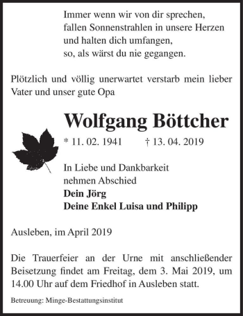 Traueranzeige von Wolfgang Böttcher  von Magdeburger Volksstimme