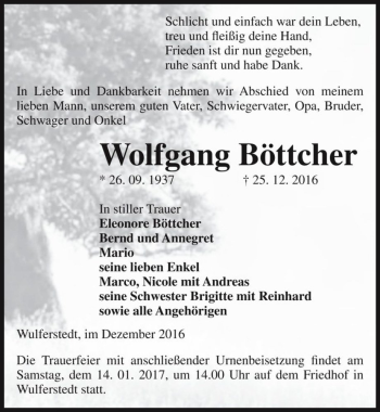 Traueranzeige von Wolfgang Böttcher  von Magdeburger Volksstimme