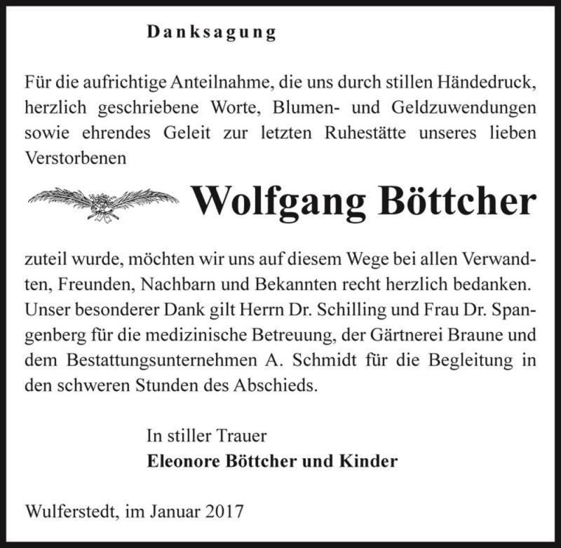  Traueranzeige für Wolfgang Böttcher  vom 27.01.2017 aus Magdeburger Volksstimme