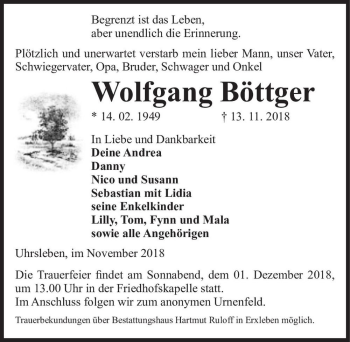 Traueranzeige von Wolfgang Böttger  von Magdeburger Volksstimme